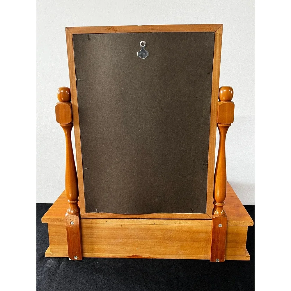 Vtg Wood Swivel Vanity Mirror Tabletop Dressing Station Storage Drawer 19x17.75
